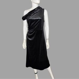 Maggy London Elegant Black One-Shoulder Glitter Ruched‎ Jersey Midi Dress